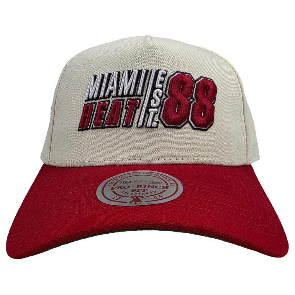 Miami Heat Mitchell & Ness NBA Pro Fit Snapback Hat Cap 3D Logo Cream Red NWT